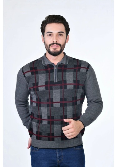 Kamalı Erkek Çelik Örgü Oduncu Desenli Gömlek Yaka Fermuarlı Polo Yakalı Tüylenmez Triko Kışlık Baba Kazak Gri