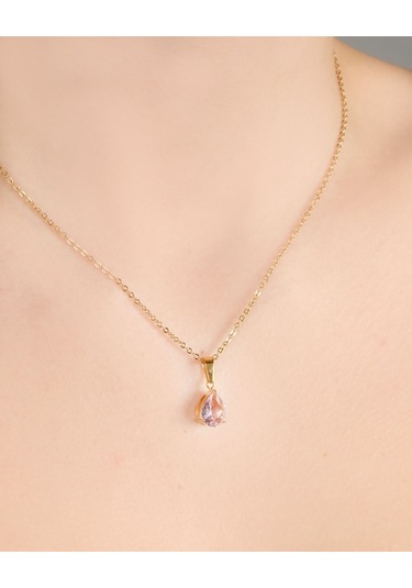 Lekka Design Kadın Kararmaz Çelik Takı Pembe Damla Zirkon Taşlı Şık Kolye Altın