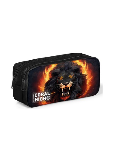 Coral High Kids Siyah Aslan Desenli İki Bölmeli Kalem Çantası 22146 Siyah