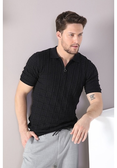 Ferraro Siyah Polo Yaka Fermuarlı Erkek Pamuk Triko T-Shirt-Siyah (417942274) Siyah