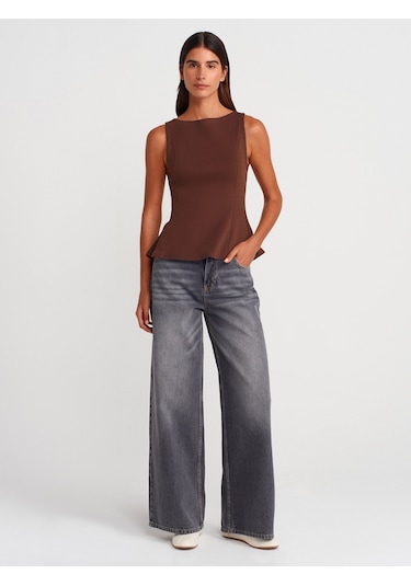 Dilvin 21001 Kayık Yaka Peplum Top-açık Kahve Açık Kahve