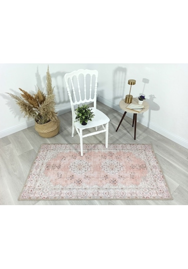 Bej Ve Gül Kurusu Eskitme Desenli Vintage Halı - H0061ou Pudra