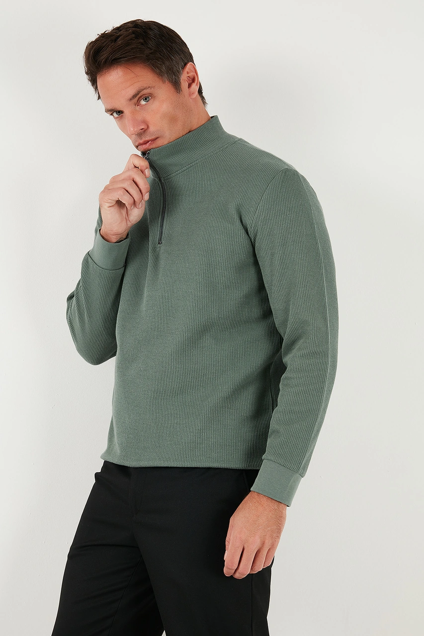 Buratti Pamuklu Regular Fit Yarım Fermuarlı Dik Yaka Erkek Sweat 5905716 Haki