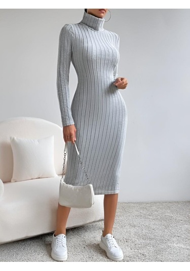 Kadın Balıkçı Yaka Uzun Kollu Kaşkorse Midi Elbise 001