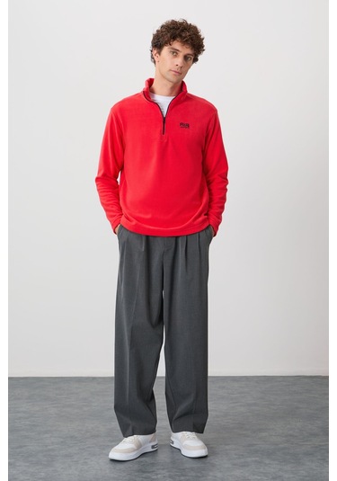 Tommy Life River Fiesta Dik Yaka Erkek Polar Sweatshirt - 88310 Kırmızı