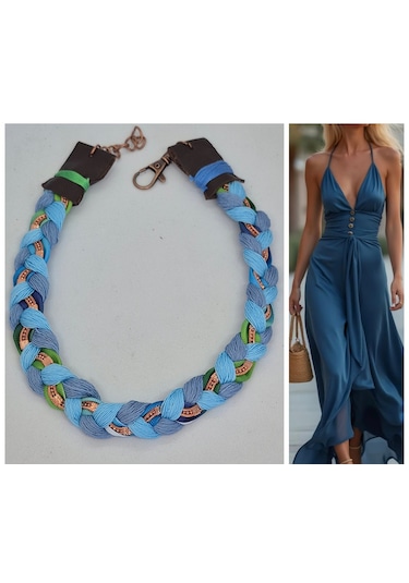 Glamglamour Mavi Tonlu Saç Örgü Tasarım Kolye