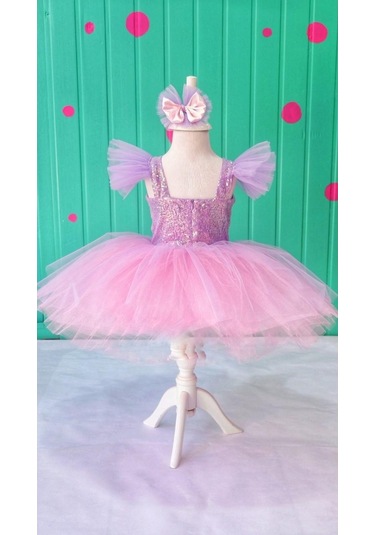 Rapunzel Kabartmalı Tüllü Kısa Kostüm Elbise - Taçlı, 9-10 Yaş