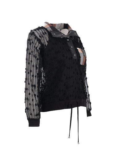 Vedi Oversize Uzun Kol Minimalist File Detaylı Kadın Bluz Siyah