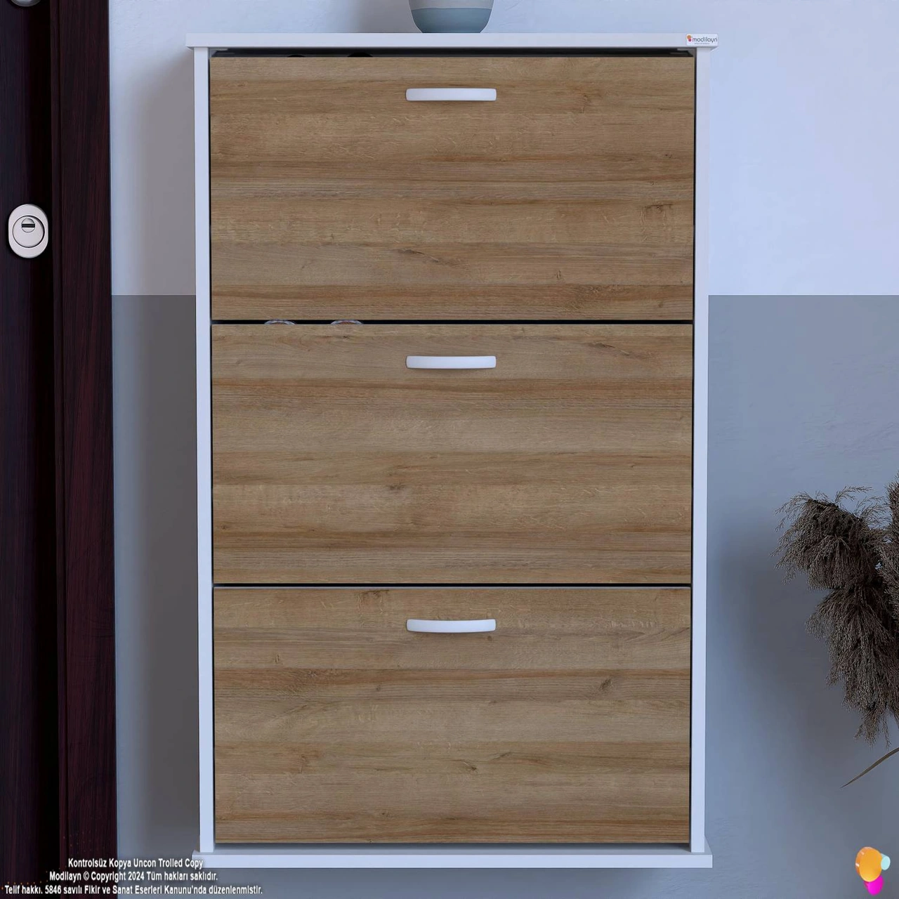 Uygar Meşe Renk Asma Ayakkabılık Kapı Önü 3 Düşer Kapak 6 Göz Bölmeli Ayakkabılık 72x115x25,5 Cm Meşe