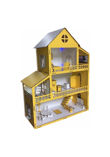 Ahşap Oyun Evi 80Cm 21 Eşya Sarı Led Işıklı