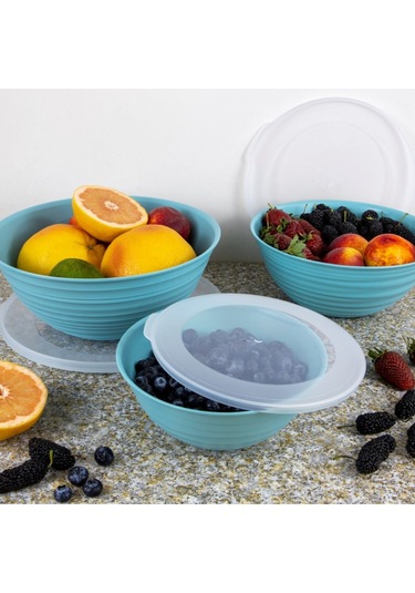 Ceronni Galaksi Desenli Kapaklı Kase 3lü Set 3lt 2lt 1lt Turkuaz Turkuaz