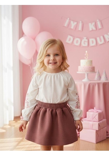 Zekids Kız Bebek Dokulu Kumaş Cepli Kloş Etek-16543 GÜL KURUSU