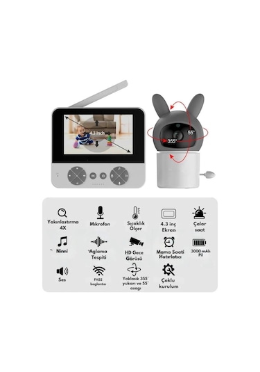 Vtn-66 Bebek Kamerası Kumandalı Monitörlü Konuşma Hatırlatıcılı Ip Bebek Kamerası