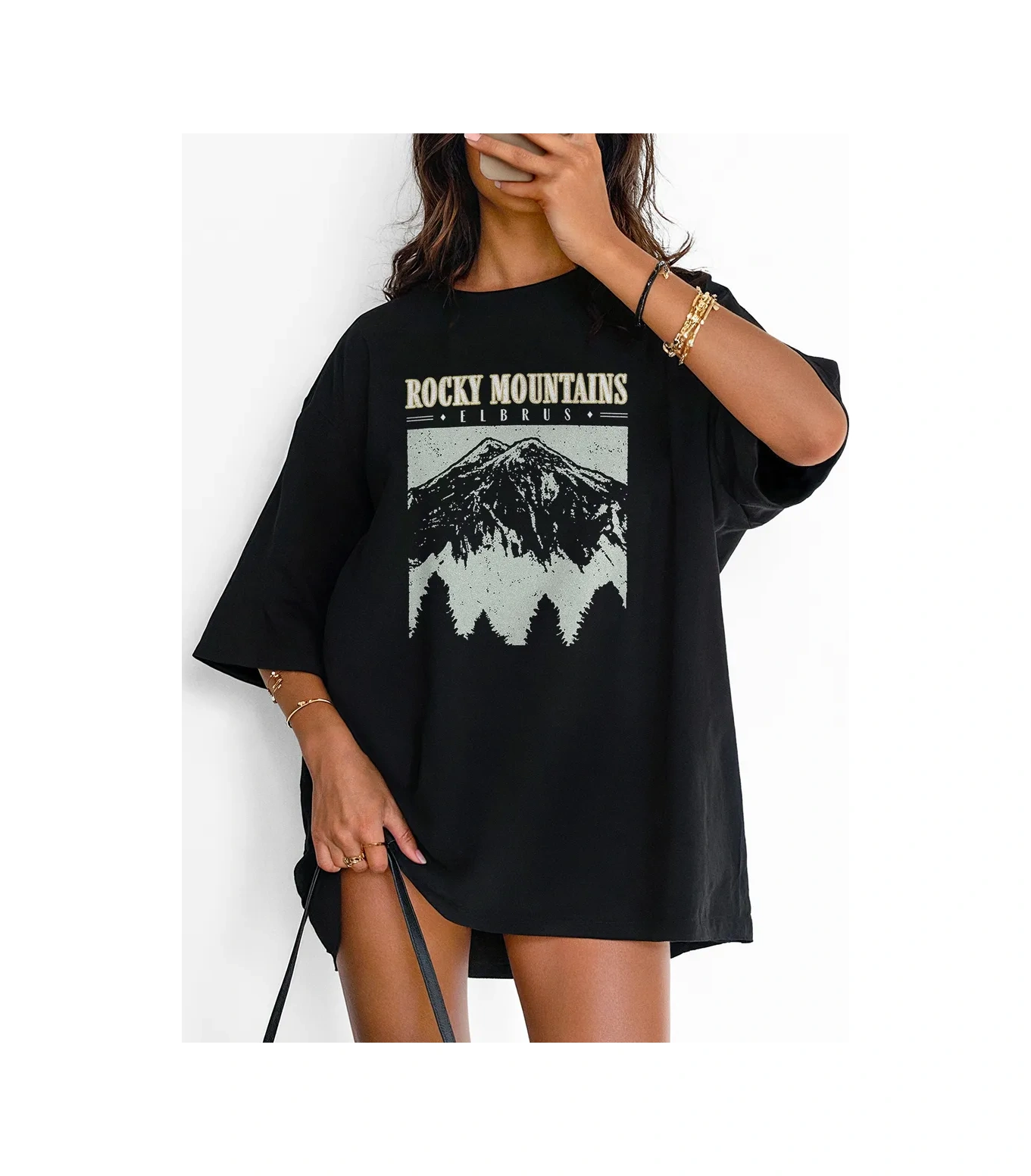 Romaxtex Dağ Baskılı Siyah Oversize Tişört 475250226 Siyah