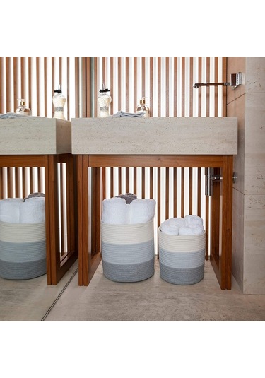 Ikili Dekoratif Jüt Saplı Hasır Sepet Saksı 30 Cm Ve 25 Cm , Dekoratif Saksı Ve Havluluk Gribeyaz