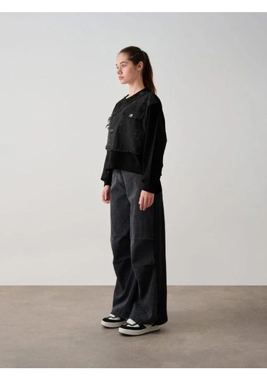 Kız Çocuk Mevsimlik Önü Denim Garni Cepli 3 İplik Sweatshirt-14773 Siyah