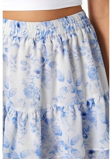 Kadın Juliet Mavi Çiçekli Astarlı Volanlı Mini Şifon Dokuma Etek