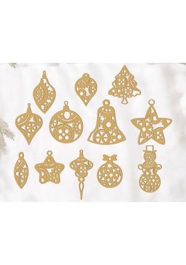 12 Parça Ahşap Yılbaşı Ağacı Süs Seti Ortalama 6-8 Cm Noel Ağacı Süsü