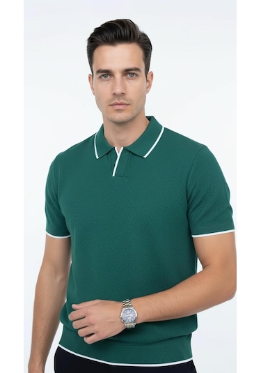 Plus Scorpion Erkek Pike Dokulu Triko Polo Yaka Tişört Slim Fit Şerit Detaylı Yazlık Model Yeşil