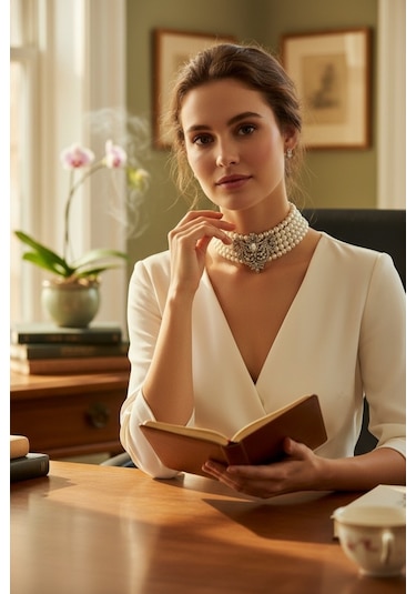 Zirkon Taşlı Choker Tasma Inci Kolye Beyaz