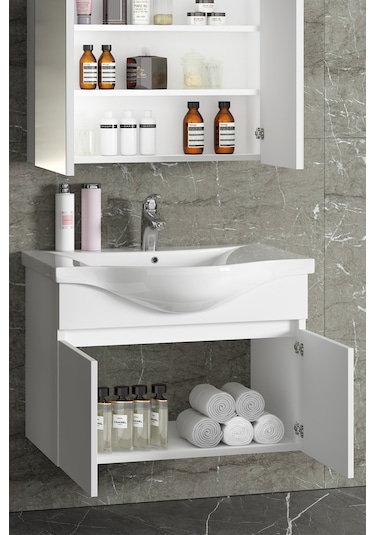 Yıldız 75 Cm Beyaz Mdf Seramik Lavabolu Asma Banyo Alt Dolabı Beyaz
