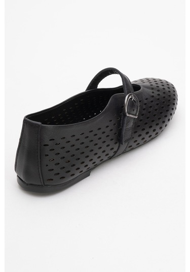 Arian Siyah Cilt Hakiki Deri Delikli Kadın Babet Ayakkabı Siyah Cilt