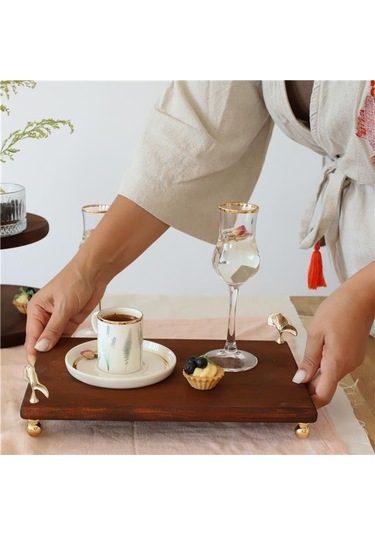 Akayev Ahşap 30x19 Cm Altın Ayaklı Ginkgo Sunum Tabağı Beyaz