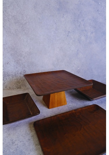 Justwood 4 Lü Ligna Ahşap Rölyefli Dikdörtgen Sunum Seti 22 Piramit, 16x26, 18x18, 12,5x17 Cm Servis Seti Koyu Kahverengi