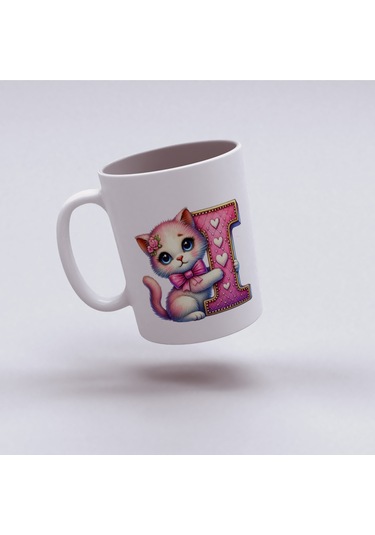 I Harfli Bardak, Sevimli Kedili Pembe Tasarım Bardak, Arkadaşa Aileye Hediye Porselen Beyaz