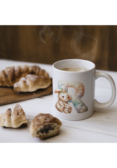 R Harfi Tasarım Bardak, Sevimli Hayvan Temalı Harf Bardağı Beyaz