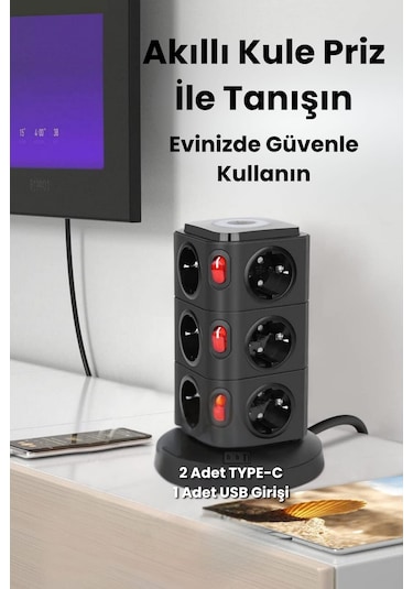 Yeni Akım Korumalı 2.4a Kule Priz Kablosuz Şarj Istasyonu 12x Soketli 2 Type-c 1x Usb Çıkışı 0.2 M