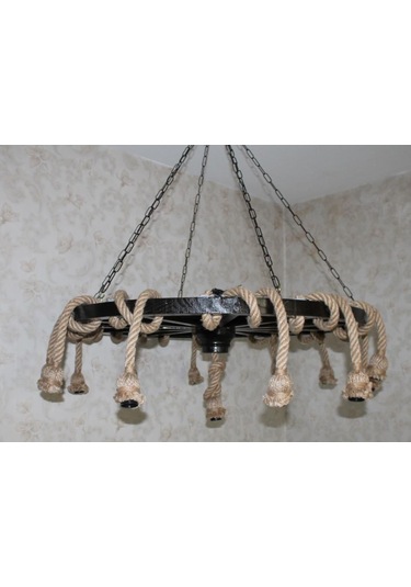 Otantik Çarşı Ahşap Halatlı Teker Avize 100 Cm. 13'lü Serbest Sarkıtlı