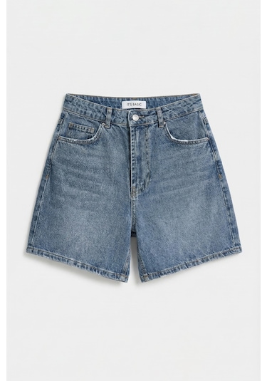 Itsbasic Kadın Koyu Kot Rengi 2s6-125 Mom Fit Midi Boy %100 Koton Denim Şort