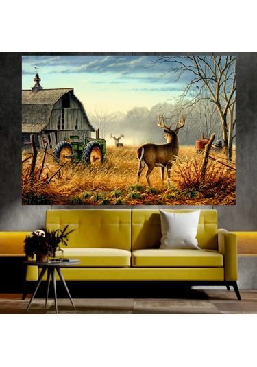 Geyik Ve Köy Evi Manzaralı Sanatsal Dekoratif Duvar Tablosu