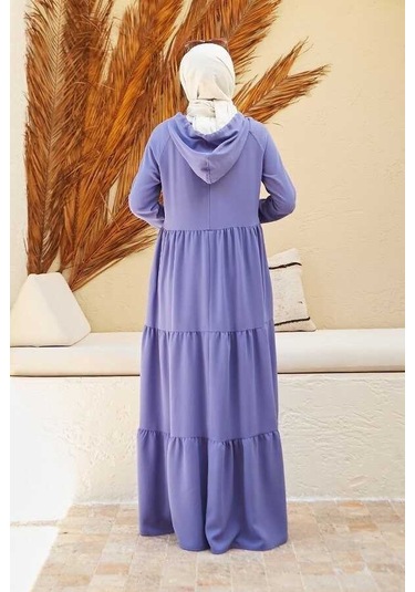 Neways 6531-Krep Kapüşonlu Reglan Kollu Elbise Eflatun