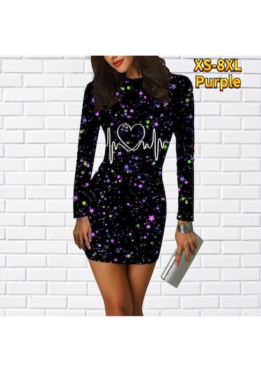 Mor Uzun Kollu Bodycon 3d Aşk Devre Baskı Elbise Kadın Mini Elbiseler Sonbahar Sıska Sıkı Parti Vestidos