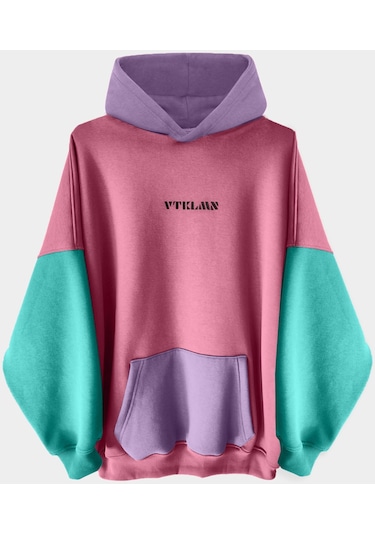 Pembe Turkuaz Lila Renkli Kapüşonlu Hoodie Sweatshirt Lila - Pembe - Turkuaz