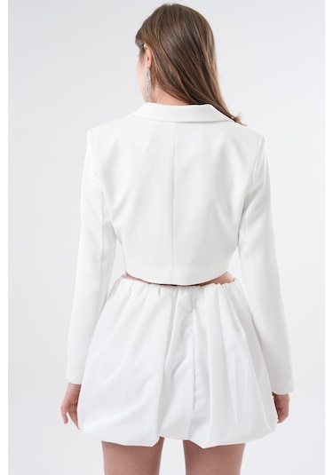 Saade Beyaz Kruvaze Crop Blazer Ceket Beyaz