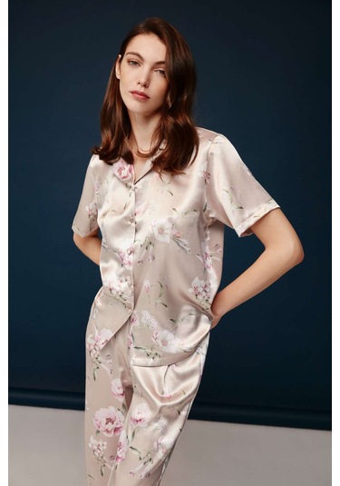 Bonnie&Clyde - Kadın Baskılı Saten Pijama Takımı -5244 Pudra