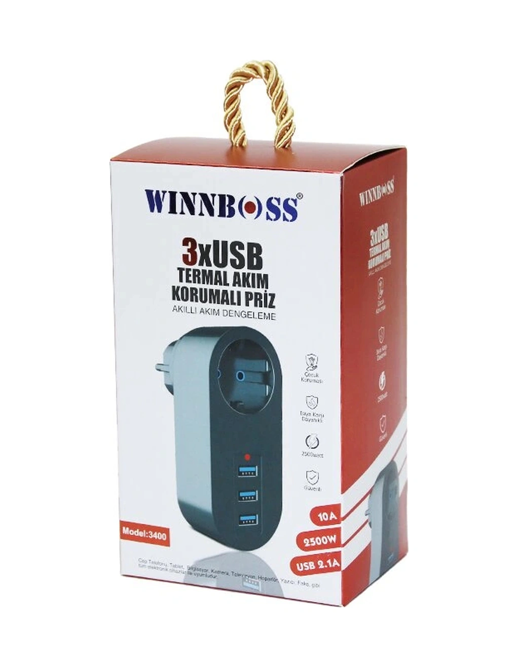 Siyah Termal Akım Korumalı 1xpriz 3xusb Duvar Tipi Priz 10a - 2500w 0.7 M