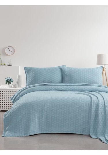 Elvira Yatak Örtüsü Seti Çift Kişilik Mavi Kutulu Açık Mavi