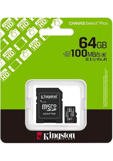 Kingston Sdcs3-64gb 64gb Microsdxc Canvas Select Plus Gen3 100mb-s A1 Card + Adapter Hafıza Kartı