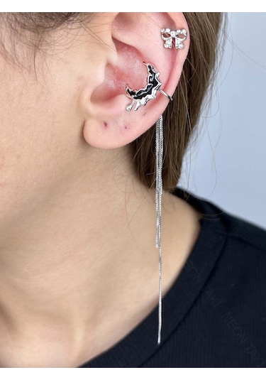 Ay Ve Yıldız Figürlü, Kore Tarzı Kıkırdak Vip Küpe 595, Gümüş Renk Gümüş