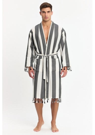 Erkek Striped Peştemal Bornoz %100 Pamuk Plaj Bornoz Siyah