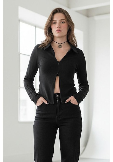 Siyah Polo Yaka Çift Fermuarlı Slim Fit Kadın Body Mg2652 Siyah