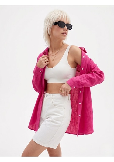 Know Kadın Fuşya Oversize Krinkıl Kumaş Gömlek