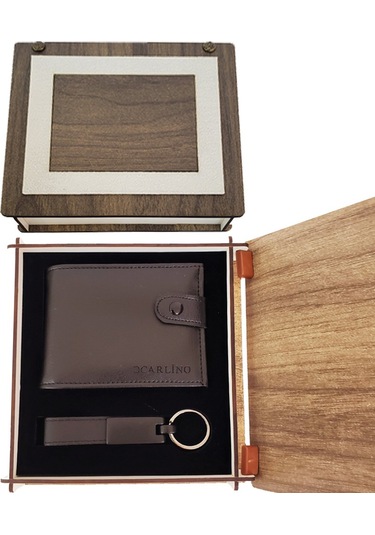 Ahşap Kutulu Deri Cüzdan Ve Anahtarlık Seti