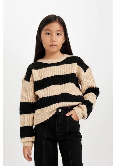 DeFacto Kız Çocuk Çizgili Bisiklet Yaka Triko Kazak A6009A824WNBK27 Siyah