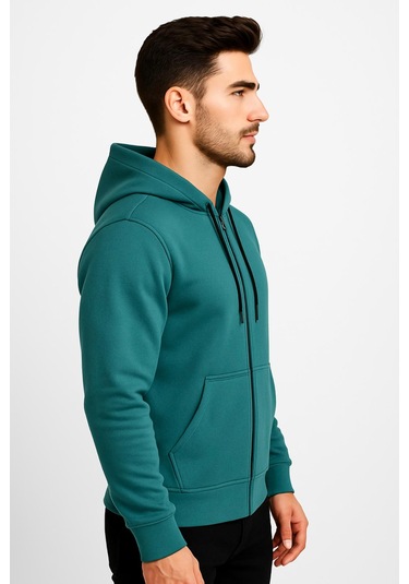 Axxel Erkek Yeşil Fermuarlı Kapüşonlu Sweatshirt 3 İplik Şardonlu-w590 Zümrüt Yeşili