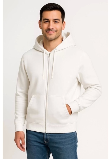 Erkek Üç İplik Kapüşonlu Tam Fermuarlı Kanguru Çepli Sweatshirt Hoodie - Beyaz Beyaz